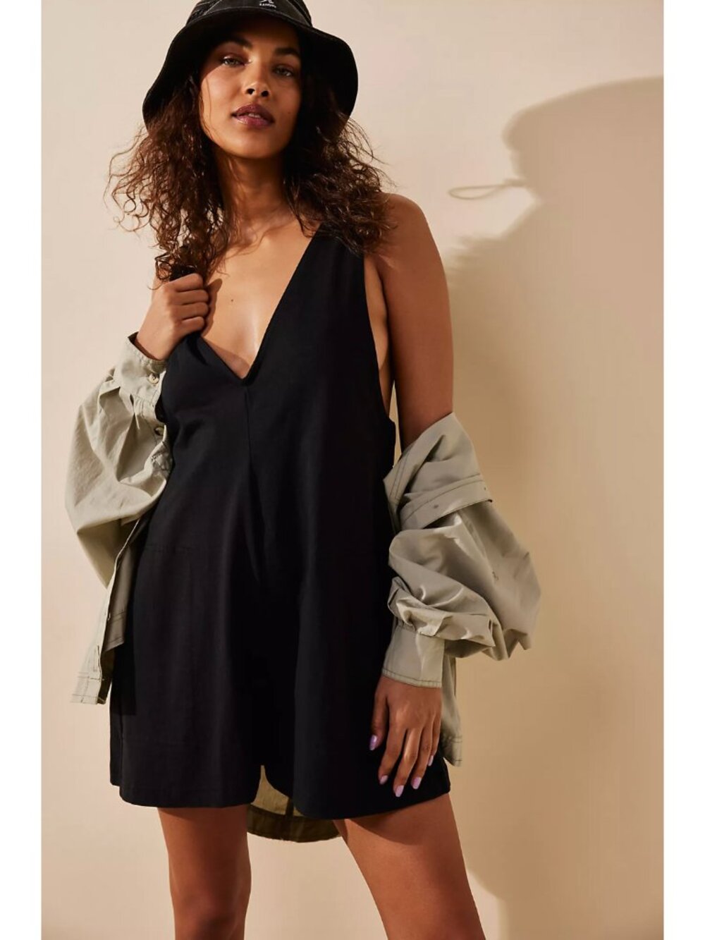 Free People Beach Black Cotton Plunge V-neck Shapeless Romper Playsuit Coverup